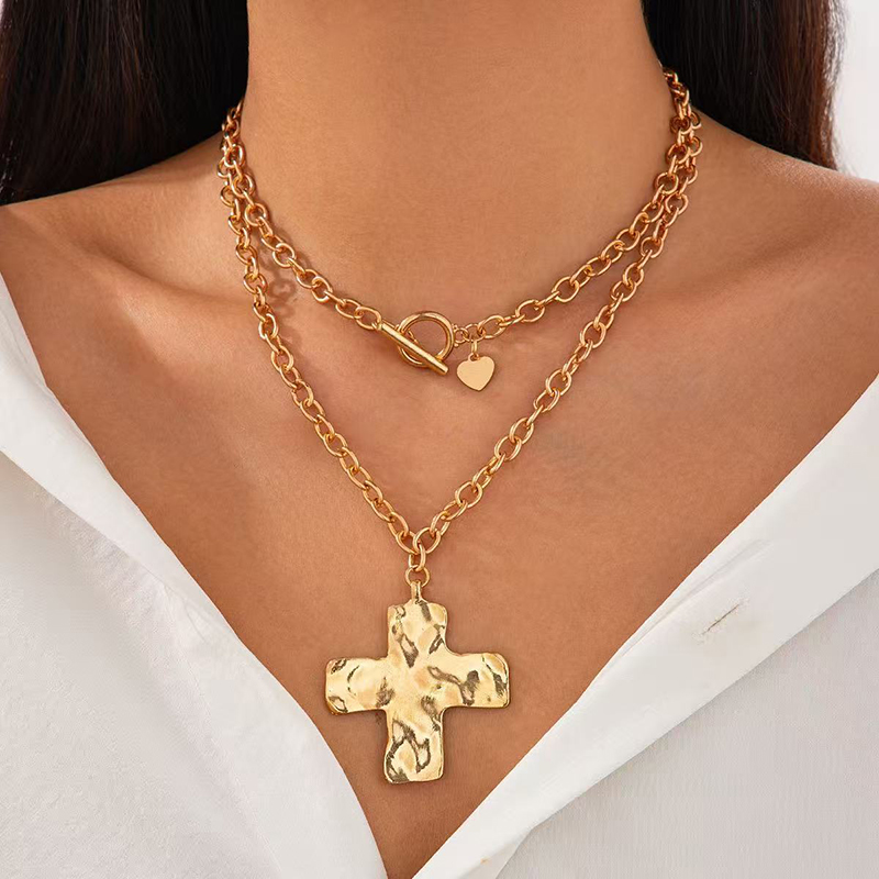 Cross Pendant Necklace Gold - Collier croix épaisse superposée dorée pour