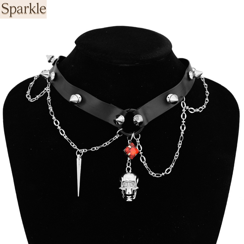 Goth Punk Spike Choker - Tour de cou en cuir de