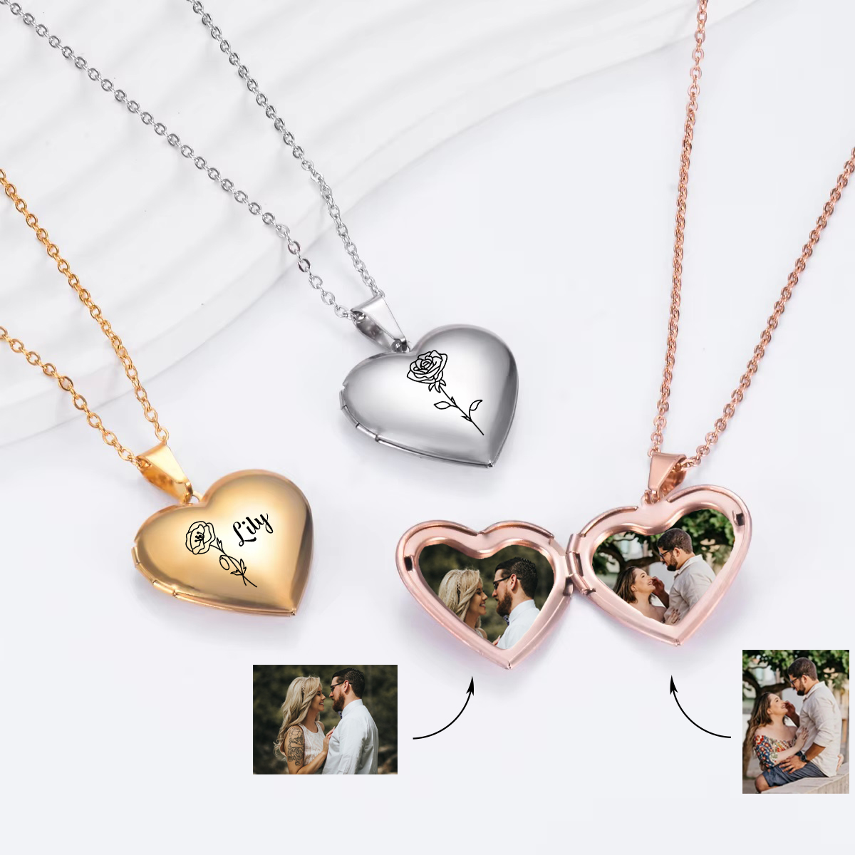 Heart Locket Necklace Photo - Collier personnalisé de fleur de naissance