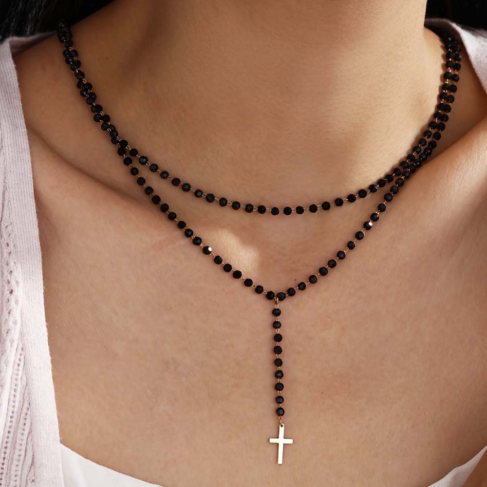 Layered Pendant Necklace Aesthetic - Collier Y gothique double couche noir